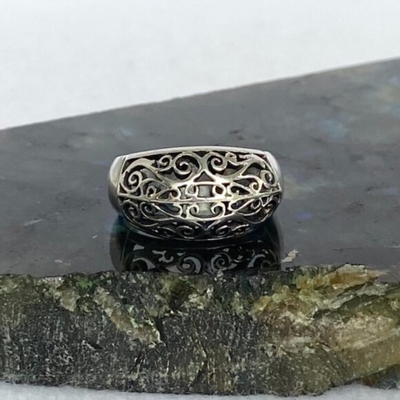 Sterling Silver 925 11mm Scrollwork Pierced Metal Work Wide Band Ring Sz 7 4g - Picture 2 of 16